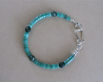 Green Turquoise Bracelet - Turquoise 5mm Heishi Beads and 6mm Faceted Fancy Jasper Beads - Suitable for Men and Women - 7"