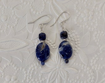 Dark Blue Sodalite Dangle Earrings with Sterling Silver Ear Wires - 2 1/2" Length