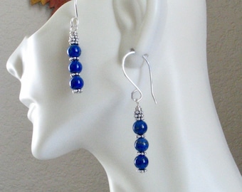 Blue Lapis Lazuli Dangle Earrings - 5mm Round Lapis Beads with 4mm Bali Sterling Silver Spacers - Handmade Sterling Silver Earwires.