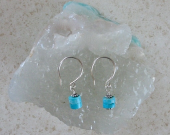 Turquoise Heishi Earrings - Nevada #8 Turquoise 6 1/2mm Heishi - Small Drop Earrings - Handmade Sterling Silver Ear Wires - Dainty Earrings