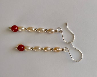 Pale Pink Pearl and Carnelian Earrings - Long Dangle Earrings with Freshwater Pearls and Bright Carnelian with Sterling Silver Earwires