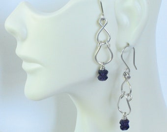 Sterling Silver and Dark Amethyst Long Dangle Earrings - Faceted 6mm Amethyst and Sterling Silver Links