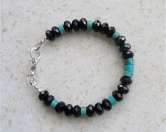 Black Onyx and Turquoise Bracelet - Sparkly Faceted Onyx Mixed with Mexican Turquoise Heishi - Suitable for Men and Women - 7"