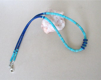 Turquoise and Azurite Heishi Necklace - Graduated 3-4mm Heishi Beads with 8mm Azurite Focal - Turquoise from Kingman, Azurite from Mexico