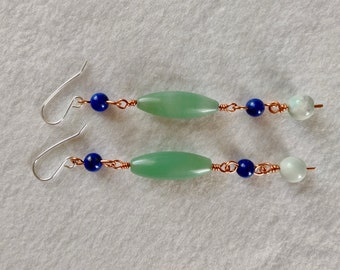 Long 4" Dangle Earrings with Mixed Stones - Green Aventurine, Lapis Lazuli, Amazonite - Wire Wrapped With Copper