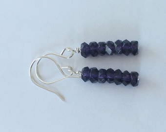 Dark Amethyst Dangle Earrings - Sparkly 6mm Faceted Amethyst Rondell Beads, Sterling Silver Ear Wire - 1 3/4"