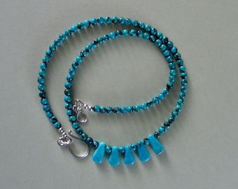 Kingman and Nacozari Turquoise Necklace - Blue with Black Matrix 4mm Kingman Turquoise Beads, Vibrant Blue 10-13mm Nacozari Teardrop Beads