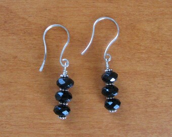 Black Onyx Dangle Earrings - 8mm Faceted Black Onyx - Handmade Sterling Silver Ear Wires - 1 3/4 Inches