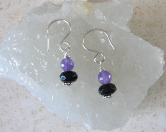 Onyx and Amethyst Dangle Earrings with Handmade Sterling Silver Ear Wires - Short Drop Earrings - 1 1/4 inches