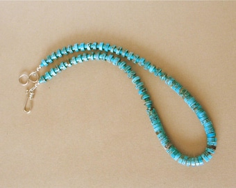 Kingman Turquoise Heishi Necklace Choker - 7mm and 3mm Heishi - Blue Kingman Turquoise with Black Matrix - Suitable for Men and Women - 17"