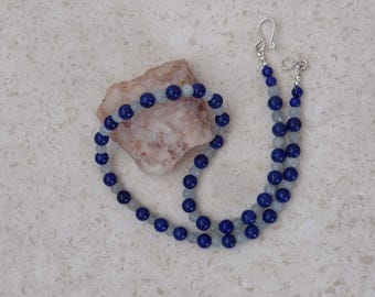 Lapis Lazuli and Aquamarine Necklace - 7mm Round Lapis and 5x6mm Faceted Aquamarine with Sterling Silver Hook and Eye Closure - 18 inches