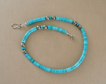 Turquoise Heishi Necklace - Nevada #8 Turquoise - 6.5 - 7mm Heishi Beads - Sterling Silver Accents - Suitable for Men and Women - 19 3/4"