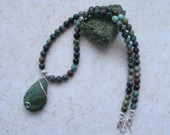 Chrysocolla Necklace - Chrysocolla Pendant and Beads - Wire Wrapped Chrysocolla 36mm x 20mm Pendant - 19"