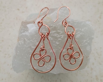 Wire Wrapped Copper Dangle Earrings with Four Leaf Clover Design - 2 1/2 inched long