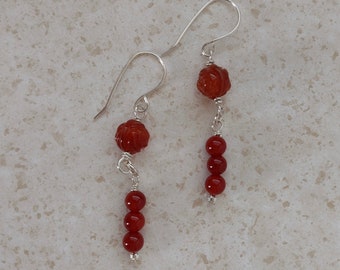 Carnelian Long Dangle Earrings With Sterling Silver - Carved Like a Rose Carnelian - 2 1/2 Inches Long