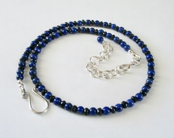 Lapis Lazuli and Onyx Necklace - Delicate Looking Choker Length - Small 4mm Size Beads - 16" Length with 2" Sterling Silver Extension