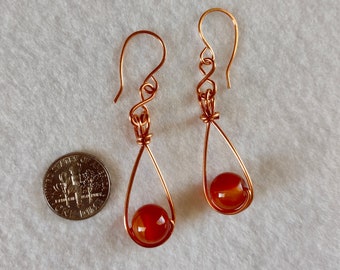 Carnelian Dangle Earrings - Carnelian Bead Wire Wrapped With Copper - 2 1/4 Inches