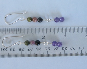 Tourmaline and Amethyst Long Dangle Earrings - Purple, Green, Pink - Sterling Silver Ear Wires - 2 3/4"