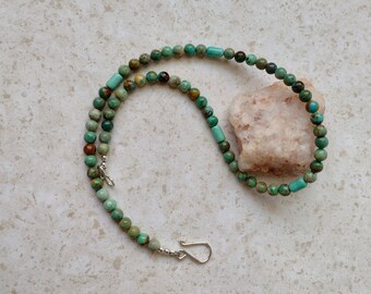 May include: A turquoise and silver necklace with a lobster clasp closure. The necklace is made of round turquoise beads with brown and green variations.