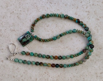 Green Mexican Turquoise Necklace with Kingman Boulder Turquoise Bead Focal - Classic Southwest Style - Suitable for Men and Women - 20"