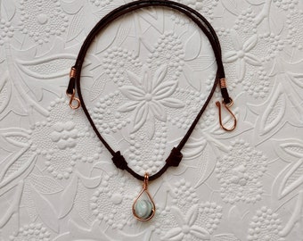 Wire Wrapped Agate Pendant Necklace - Copper Wire - 9mm Agate Bead Pendant on Brown Suede Cord - 19"