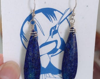 May include: A pair of teardrop-shaped earrings with a deep blue hue and silver wire detailing. The earrings are suspended from silver hooks and are displayed against a white card with a blue illustration.