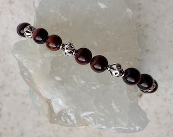 Red Tiger Eye and Sterling Silver Bracelet - 8mm Red Tiger Eye Round Beads with 7mm Sterling Silver Beads - 7 1/2 inches