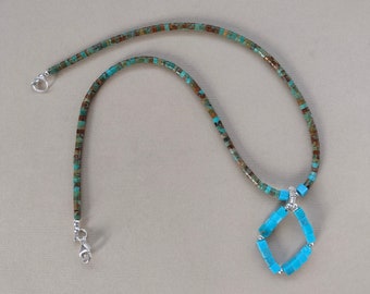 Kingman Boulder Turquoise Heishi Necklace with Blue Kingman Turquoise Cube Bead Pendant - Southwest Style - Necklace Length 17 3/4"