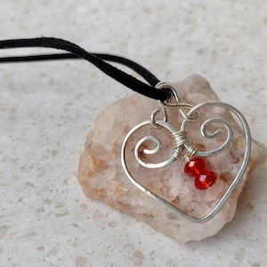 Sterling Silver Handshaped Wire Wrapped Heart Pendant with Red Swarovski Crystal Beads on Black Suede Cord - 16 3/4&quot;
