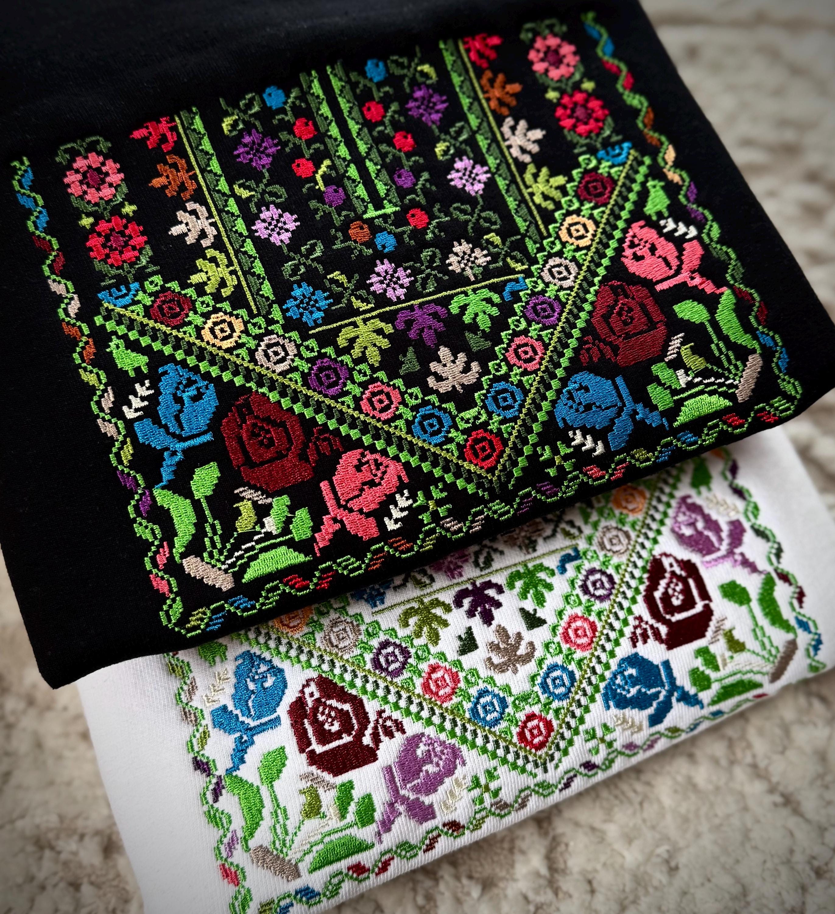 Tatreez Embroidered Sweatshirt – Timeless Palestinian Design, machine embroidered colorful tatreez design