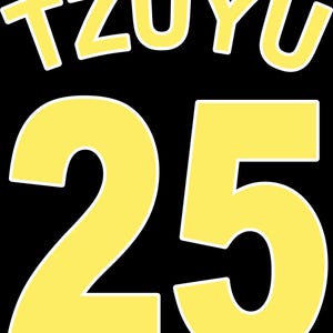 May include: A graphic design on a black background features the name "TZUYU" in yellow, outlined in white, above the number "25" in a similar style. The design is simple and bold, with a clear, readable font.