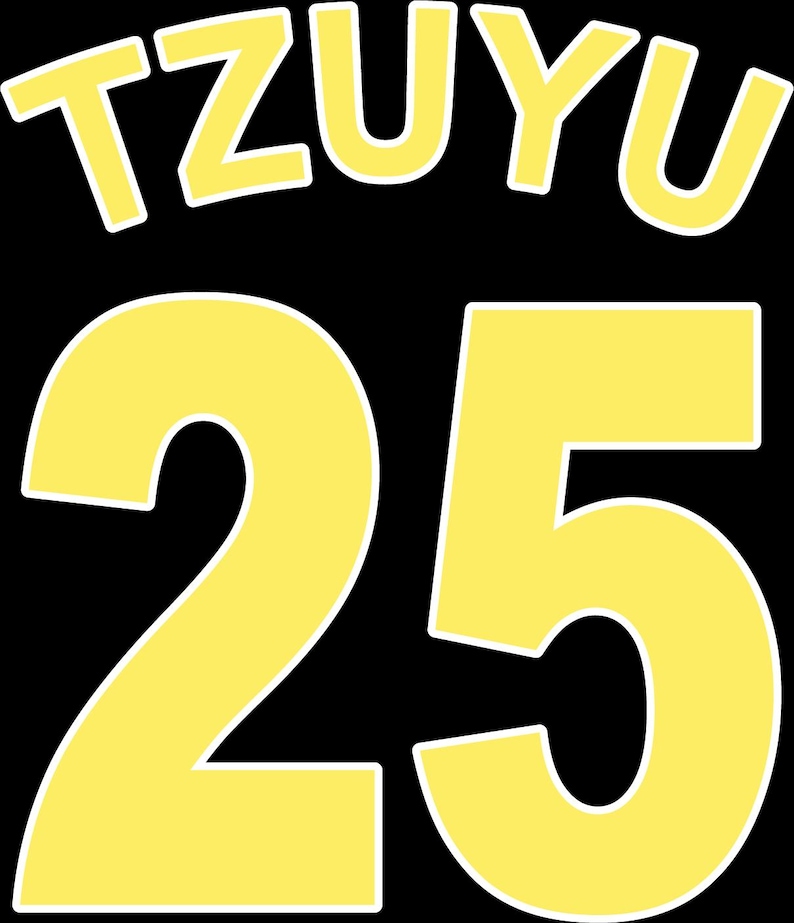 May include: A graphic design on a black background features the name "TZUYU" in yellow, outlined in white, above the number "25" in a similar style. The design is simple and bold, with a clear, readable font.