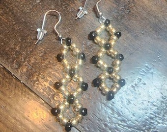 Gold and Black glass hand-beaded Dangle earrings