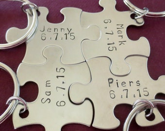 Bridesmaid Gift Puzzle Piece Set Keychain - Multi Number of Pieces- Hand Stamped Personalized -  Wedding Date- Bridal Party - Gift Under 25