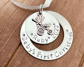 Personalized Baby's First Christmas Ornament - Hand Stamped Christmas Ornament - Anniversary Our First Christmas - Custom Christmas Gift