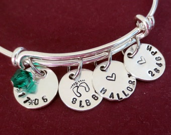 Personalized Mommy Bangle Bracelet Birthdate Charm Birth Weight Charm Birth time Charm New Mommy Birthstone Bracelet