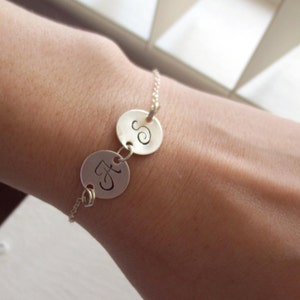 Double Initial Sterling Silver Bracelet, Letter Charm, Bridesmaid Gift, Bride, Wedding Gift