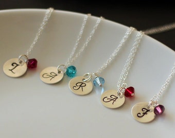 Monogram Sterling Silver Necklace with Birthstone Crystals - Bridesmaids Custom Initial Charm Necklace