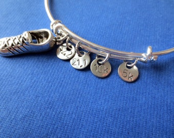 Personalized Running Bangle Bracelet Distance Charm Running Shoe Tri Marathon Half 10K 5K 21.1 42.2 13.1 26.2 triathelon bracelet jewelry