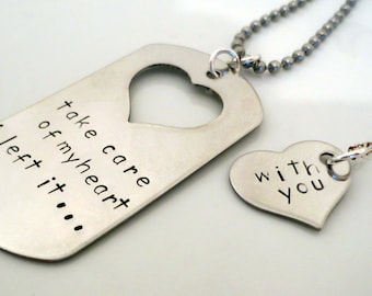 Personalized Hand Stamped Matching Necklaces - His and Hers - Couple Set- 2 pieces- Take Care of my Heart