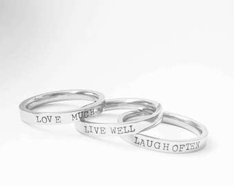 Personalized Ring Engraved Silver Band Custom Stamped Ring Word Ring  Dainty Ring Thin Stacking Inspirational Quote Motivation