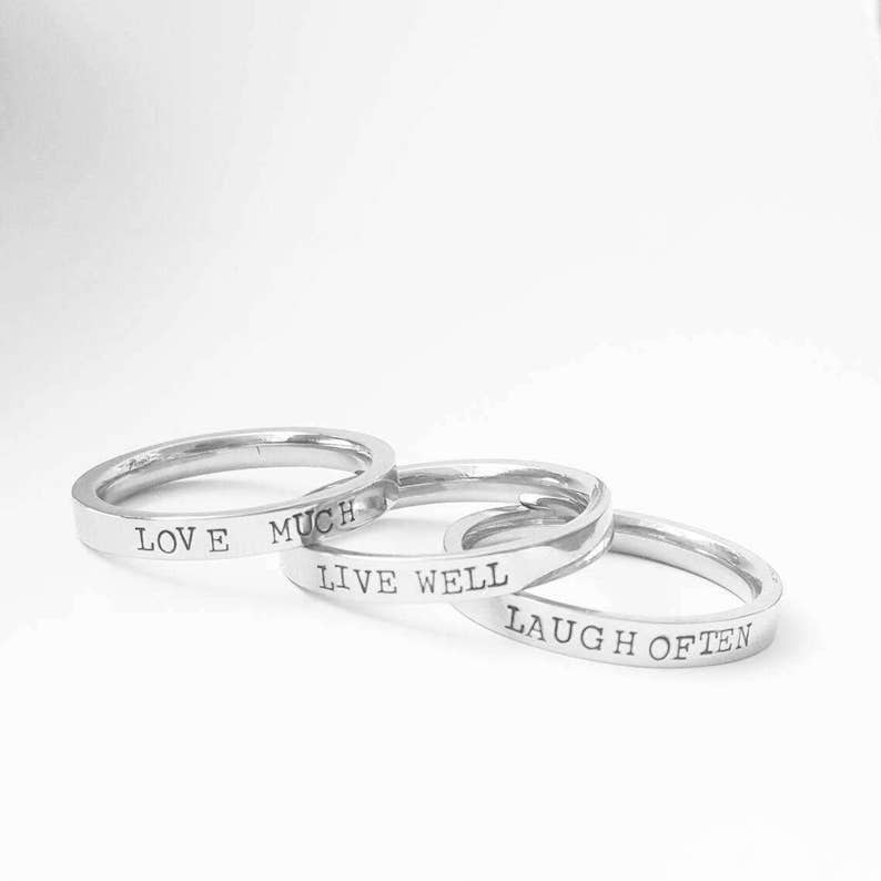 Personalized Ring Engraved Silver Band Custom Stamped Ring Word Ring Dainty Ring Thin Stacking Inspirational Quote Motivation image 1