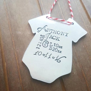 Baby&#39;s First Christmas Personalized  Ornament - Hand Stamped Christmas Ornament - Onesie Baby Stats Ornament - Custom Christmas Gift