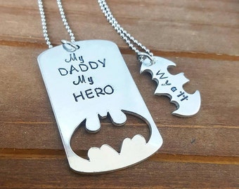 My Dad My Hero Bat Hero Daddy and Daughter and Son Personalized Hand Stamped Matching Necklaces His and Hers Family Set- She Calls Me Daddy