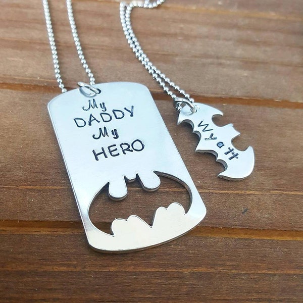 My Dad My Hero Bat Hero Daddy and Daughter and Son Personalized Hand Stamped Matching Necklaces His and Hers Family Set- She Calls Me Daddy