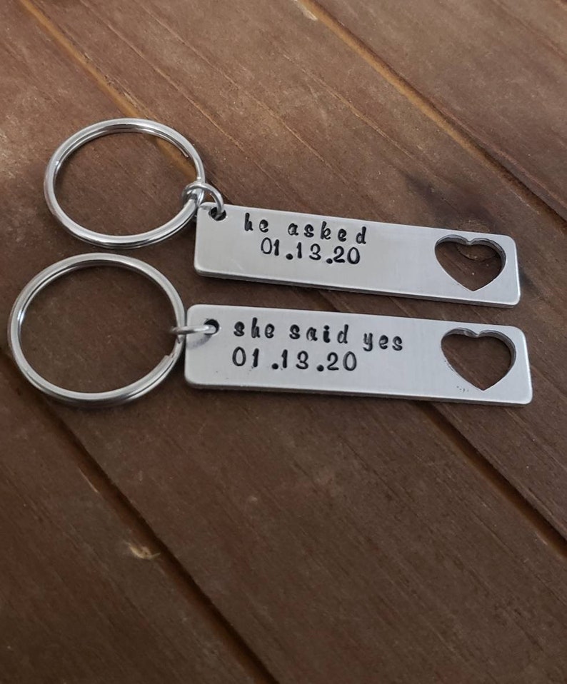 He Asked She said yes Key chains Engagement Gift Personalized Gift Couples Key chains Engagement Gift Bridal Shower Gift for Engagement image 1