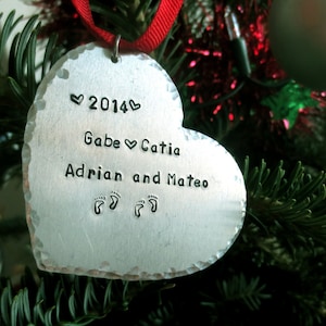 Personalized Heart Christmas Ornament Hand Stamped Christmas Ornament Anniversary Our First Christmas Custom Gift Baby's First image 1