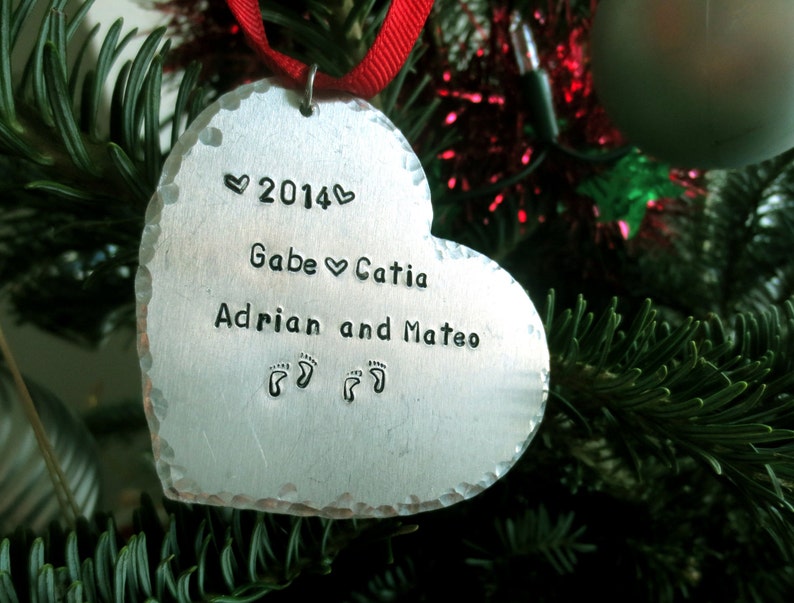 Personalized Heart Christmas Ornament Hand Stamped Christmas Ornament Anniversary Our First Christmas Custom Gift Baby's First image 1