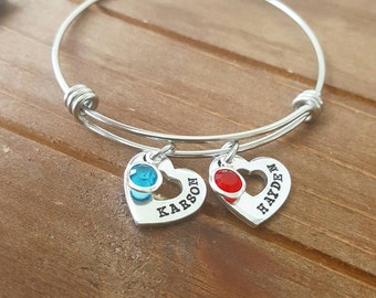 Mommy Kid Name Bangle Bracelet Heart Charms Personalized New Mommy Gift Bracelet Heart Charms Family Charms Mother's Day