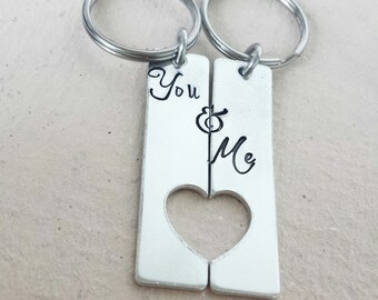 You And Me His and Hers Personalized Keychain or Necklace - Couple -2 pieces- Heart Cutout - Name - Wedding Date Anniversary